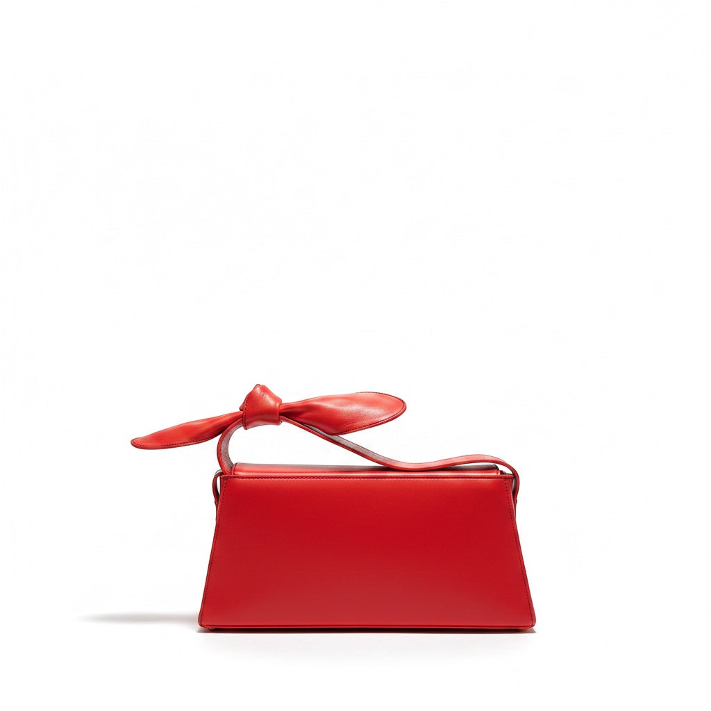 Design Girls World red leather bunny ears box bag with knotted bow detail, perfect for date night or everyday.